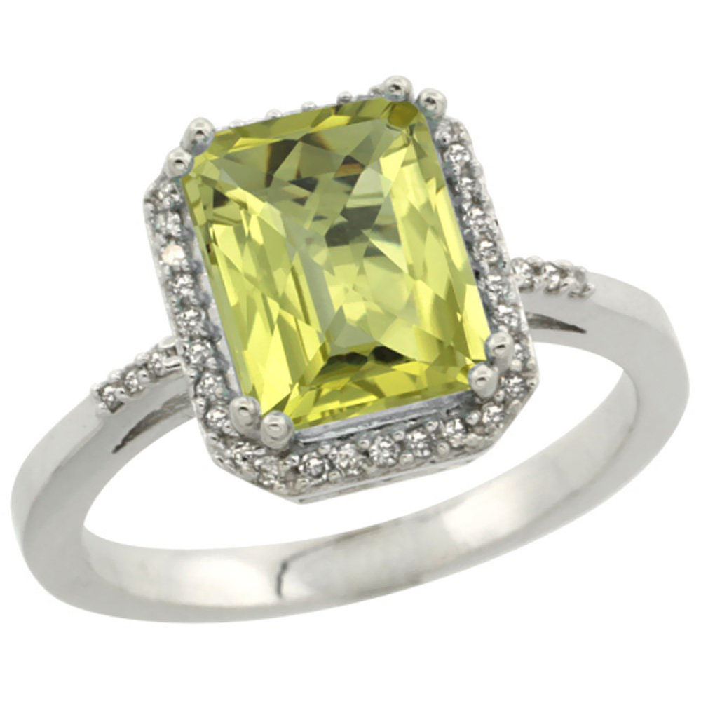 14K White Gold Diamond Natural Lemon Quartz Ring Emerald-cut 9x7mm, sizes 5-10