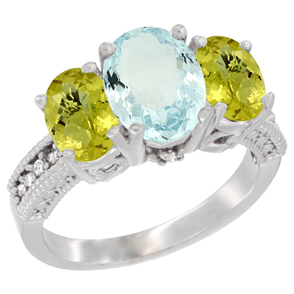 14K White Gold Diamond Natural Aquamarine Ring 3-Stone Oval 8x6mm with Lemon Quartz, sizes5-10