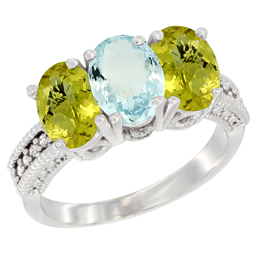 14K White Gold Natural Aquamarine Ring with Lemon Quartz 3-Stone 7x5 mm Oval Diamond Accent, sizes 5 - 10