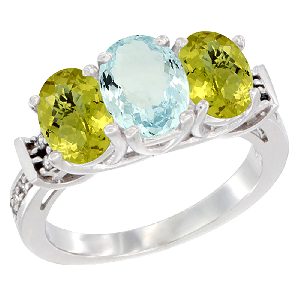 10K White Gold Natural Aquamarine & Lemon Quartz Sides Ring 3-Stone Oval Diamond Accent, sizes 5 - 10