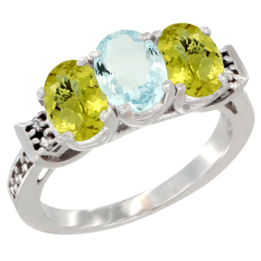 10K White Gold Natural Aquamarine &amp; Lemon Quartz Sides Ring 3-Stone Oval 7x5 mm Diamond Accent, sizes 5 - 10