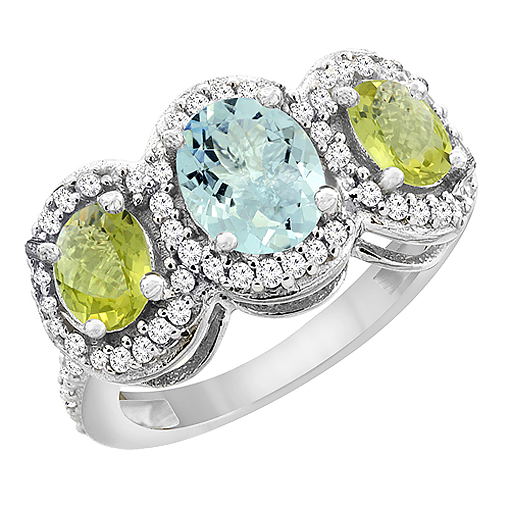 10K White Gold Natural Aquamarine & Lemon Quartz 3-Stone Ring Oval Diamond Accent, sizes 5 - 10