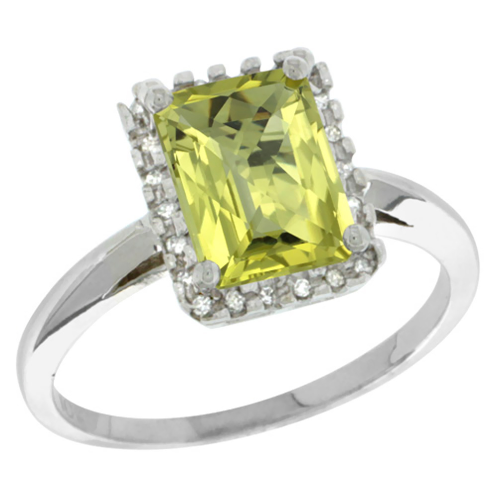 14K White Gold Diamond Natural Lemon Quartz Ring Emerald-cut 8x6mm, sizes 5-10