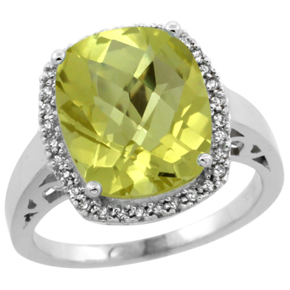 14K White Gold Diamond Natural Lemon Quartz Ring Cushion-cut 12x10mm, size 5-10