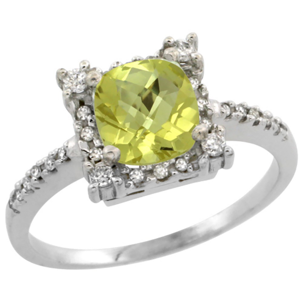 14K White Gold Natural Lemon Quartz Ring Cushion-cut 6x6mm Diamond Halo, sizes 5-10