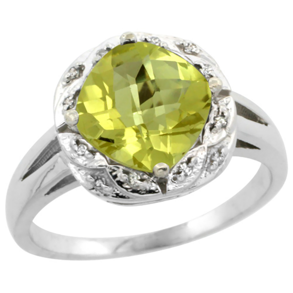 10k White Gold Natural Lemon Quartz Ring Cushion-cut 8x8mm Diamond Halo, sizes 5-10