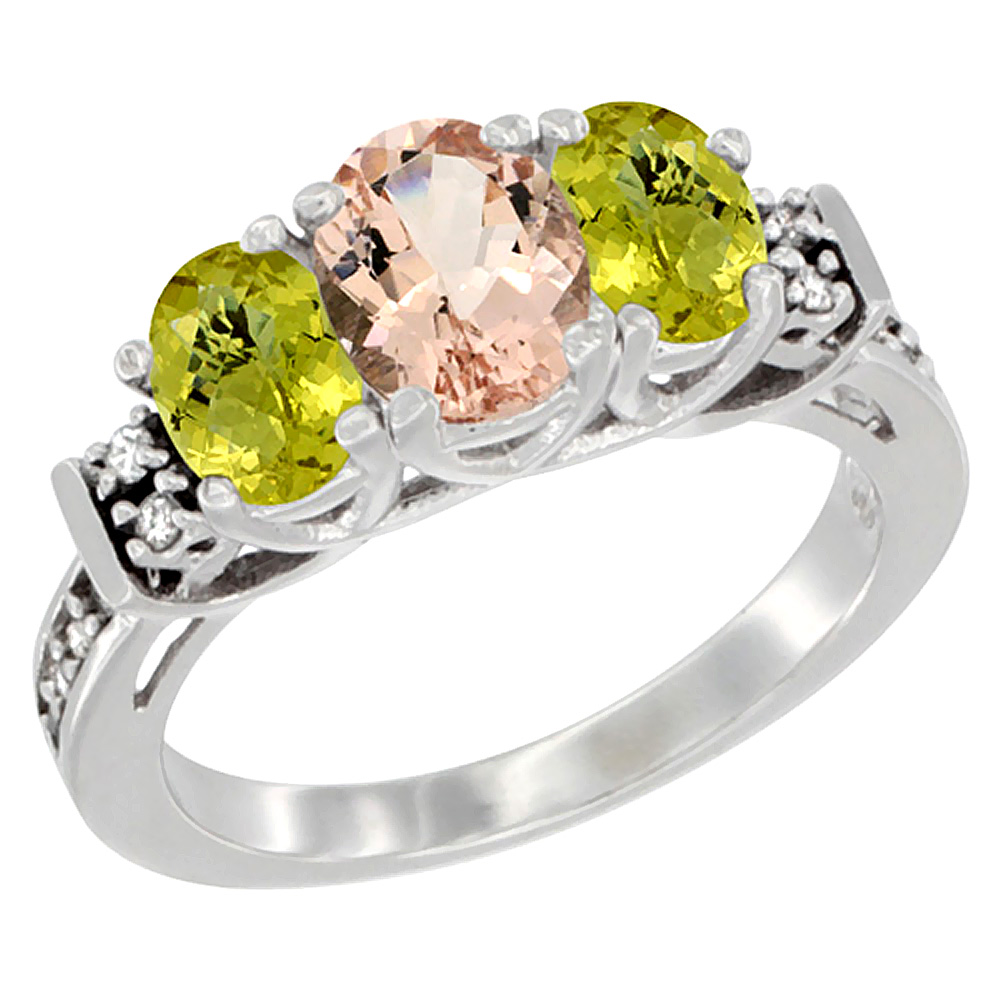 14K White Gold Natural Morganite & Lemon Quartz Ring 3-Stone Oval Diamond Accent, sizes 5-10