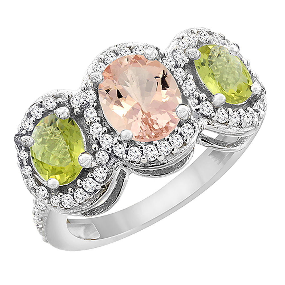 14K White Gold Natural Morganite &amp; Lemon Quartz 3-Stone Ring Oval Diamond Accent, sizes 5 - 10