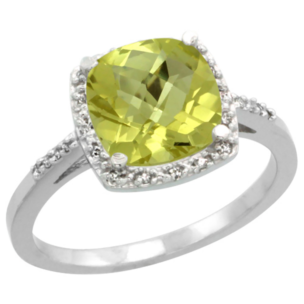 14K White Gold Diamond Natural Lemon Quartz Ring Cushion-cut 8x8 mm, sizes 5-10