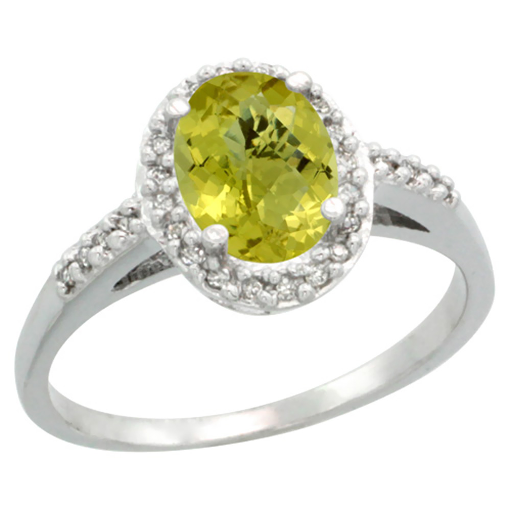 14K White Gold Diamond Natural Lemon Quartz Ring Oval 8x6mm, sizes 5-10