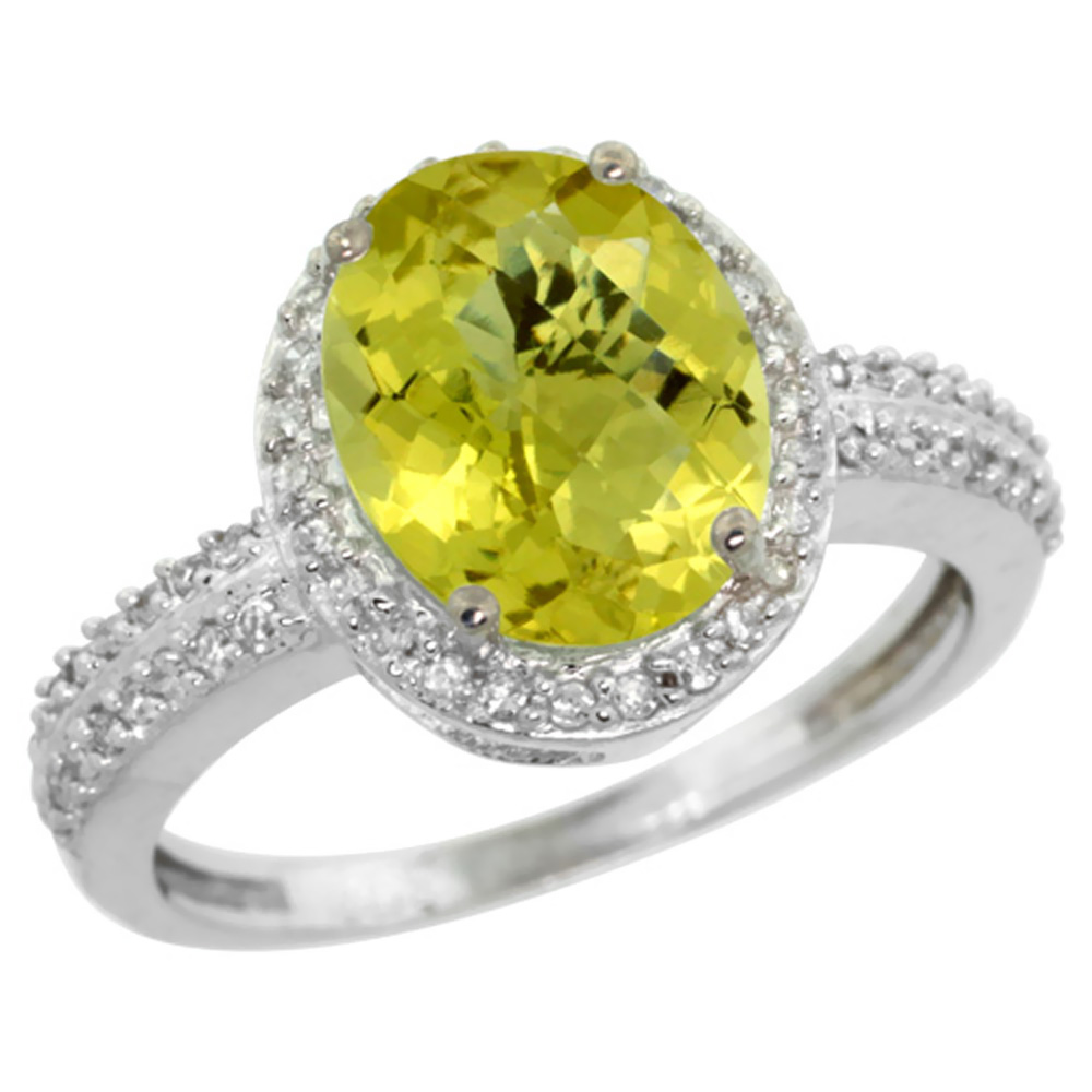 10K White Gold Diamond Natural Lemon Quartz Engagement Ring Oval 10x8mm, sizes 5-10