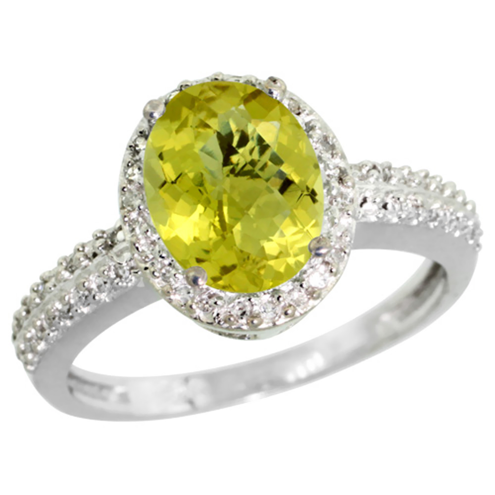 10K White Gold Diamond Natural Lemon Quartz Ring Oval 9x7mm, sizes 5-10