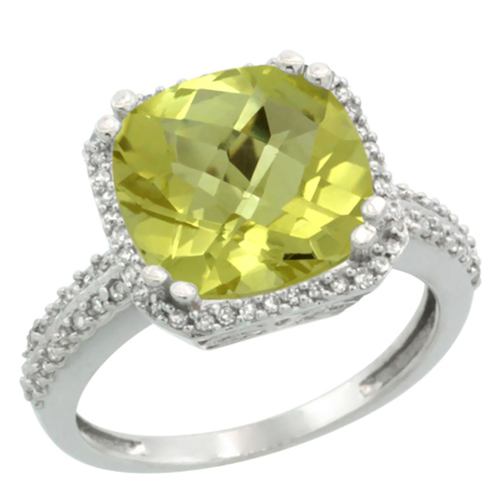 10k White Gold Natural Lemon Quartz Ring Cushion-cut 11x11mm Diamond Halo, sizes 5-10