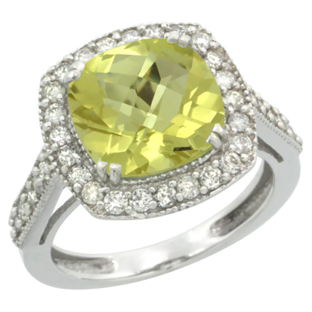 14K White Gold Natural Lemon Quartz Ring Cushion-cut 9x9mm Diamond Halo, sizes 5-10