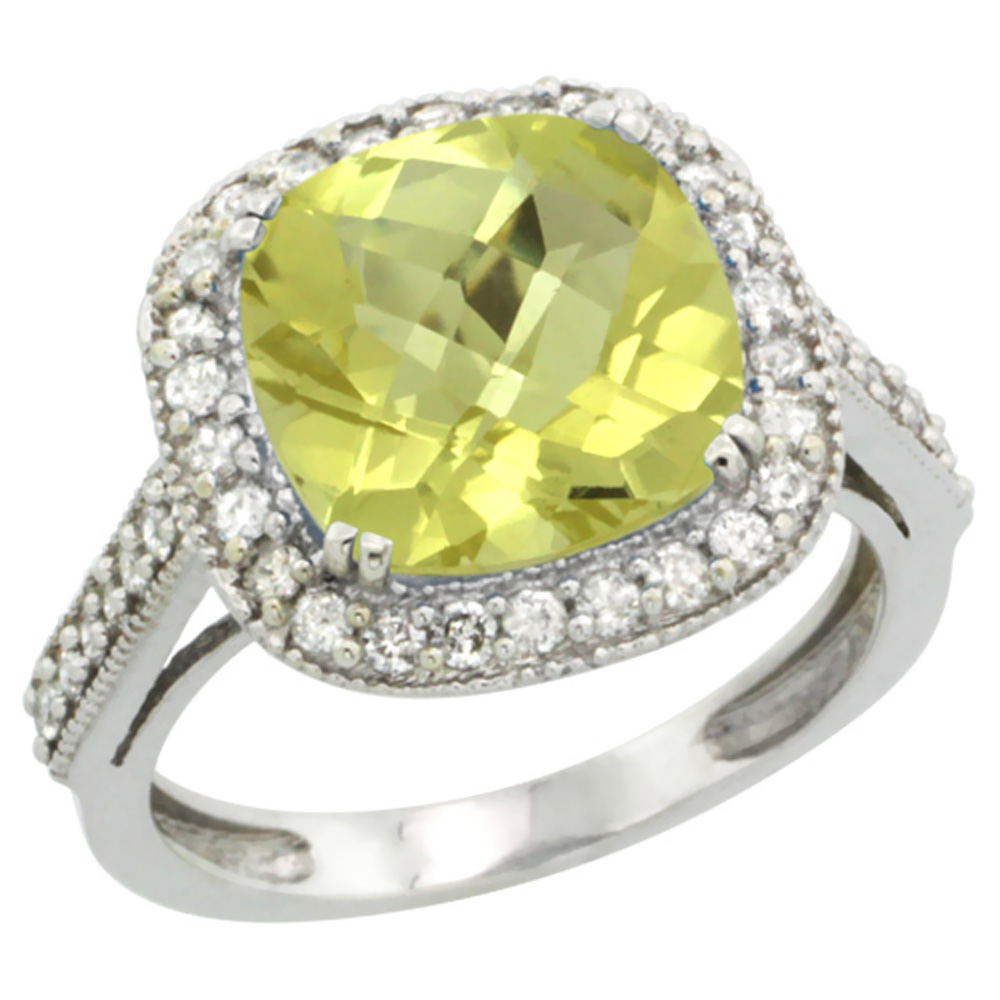 10k White Gold Natural Lemon Quartz Ring Cushion-cut 10x10mm Diamond Halo, sizes 5-10