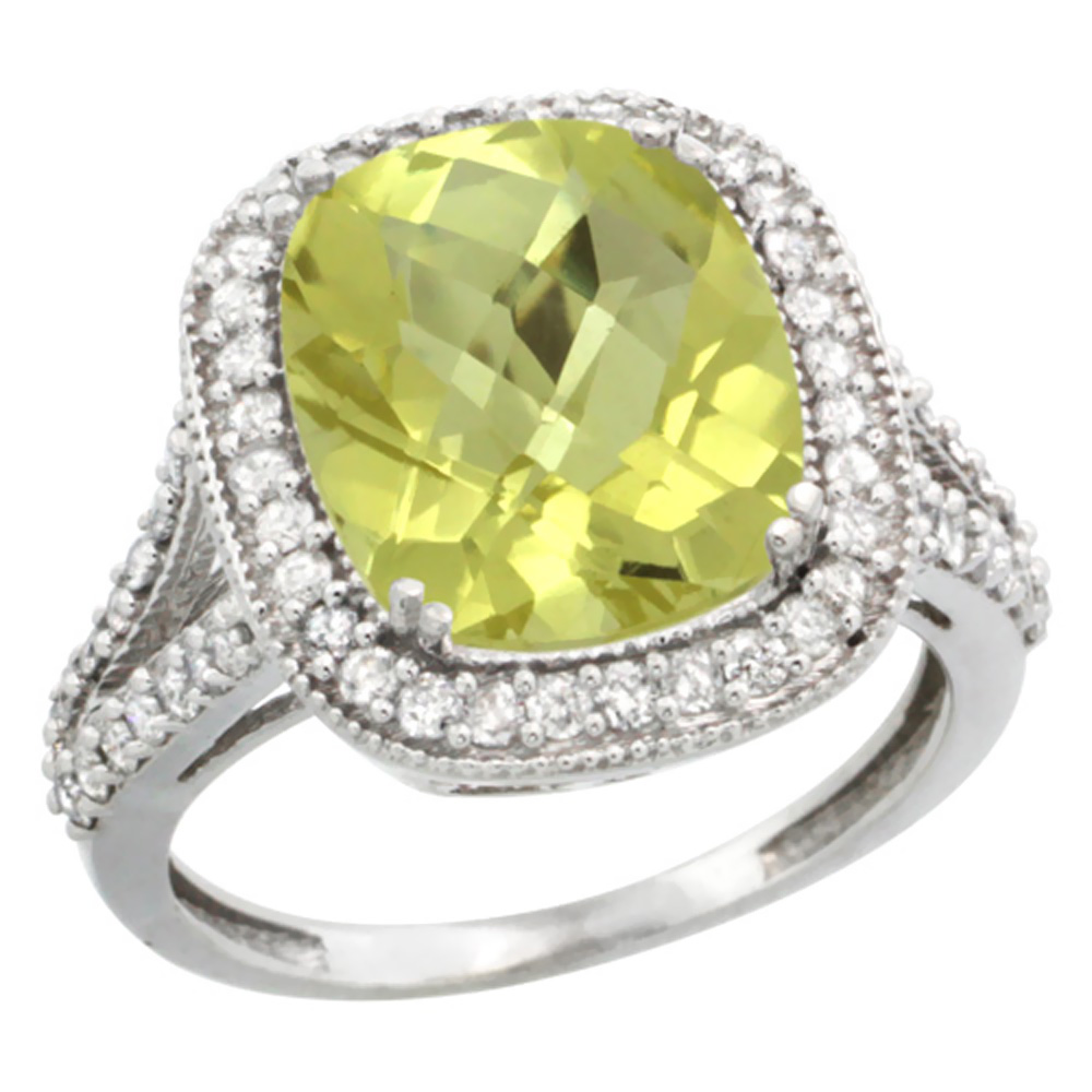 14K White Gold Natural Lemon Quartz Ring Cushion-cut 12x10mm Diamond Halo, sizes 5-10