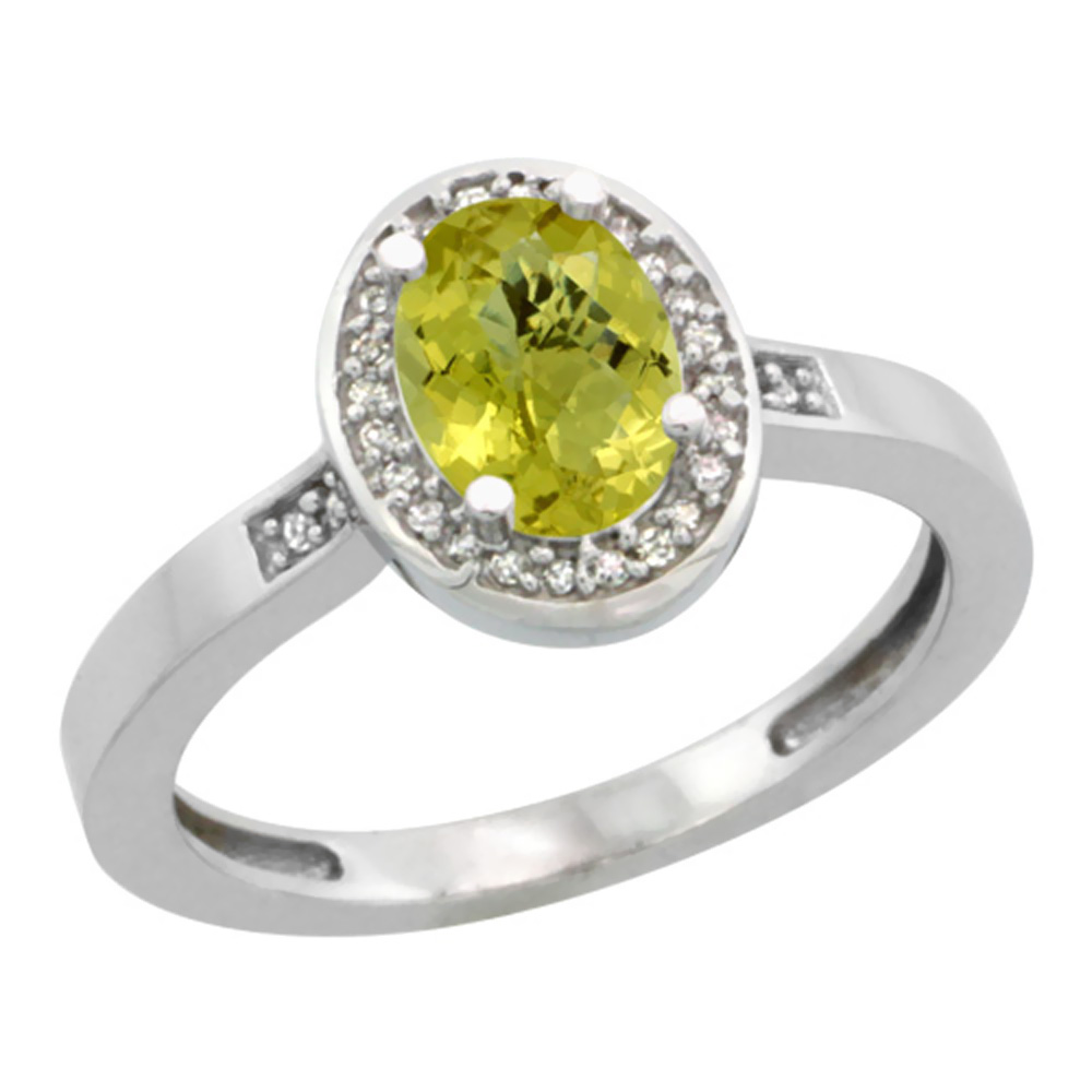 10K White Gold Diamond Natural Lemon Quartz Engagement Ring Oval 7x5mm, sizes 5-10