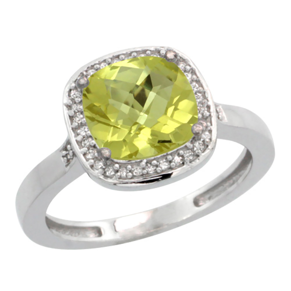 14K White Gold Diamond Natural Lemon Quartz Ring Cushion-cut 8x8mm, sizes 5-10