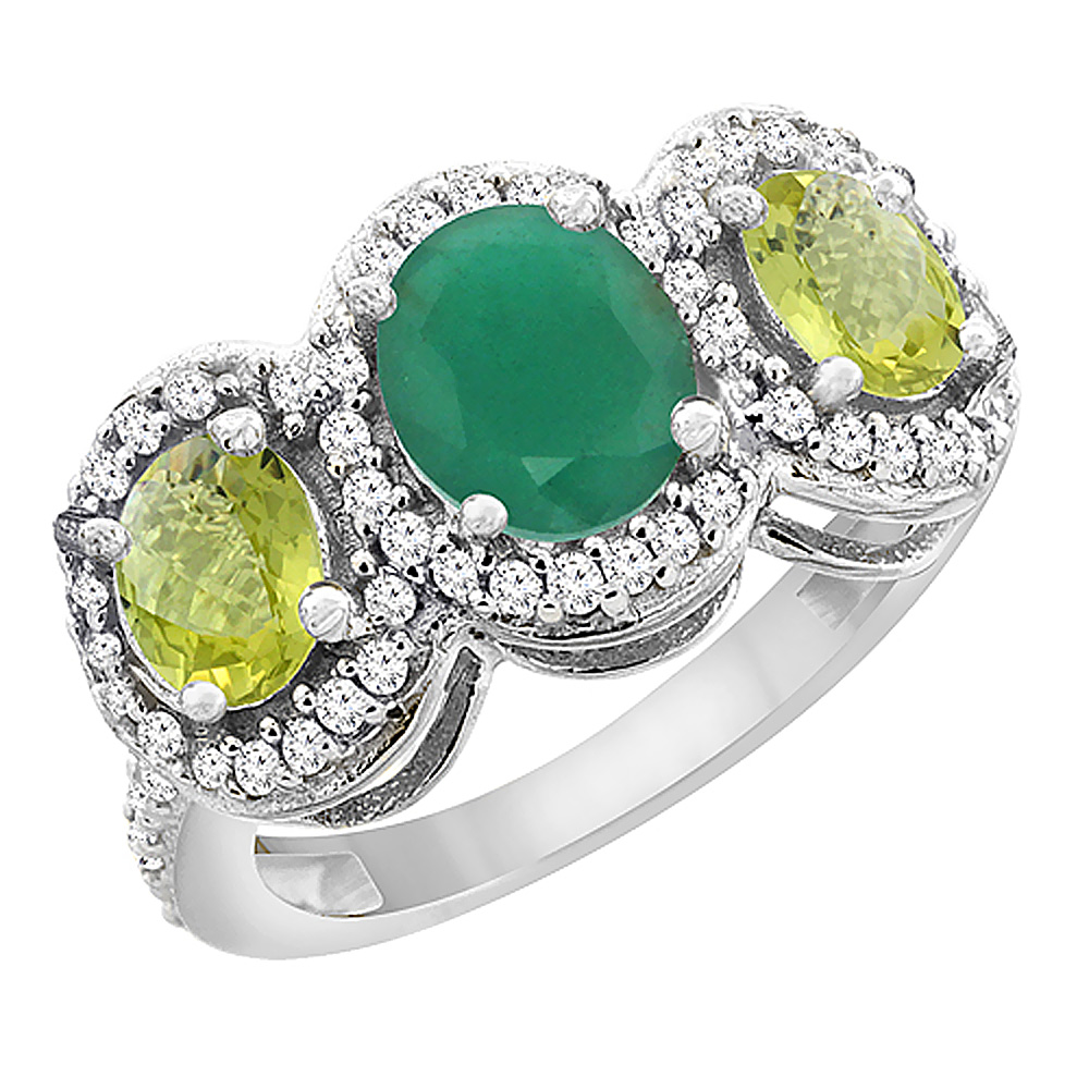 14K White Gold Natural Cabochon Emerald &amp; Lemon Quartz 3-Stone Ring Oval Diamond Accent, sizes 5 - 10