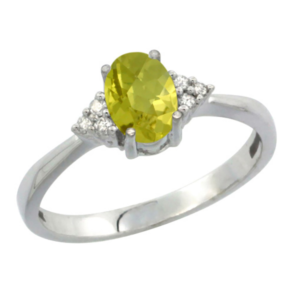 14K White Gold Diamond Natural Lemon Quartz Engagement Ring Oval 7x5mm, sizes 5-10