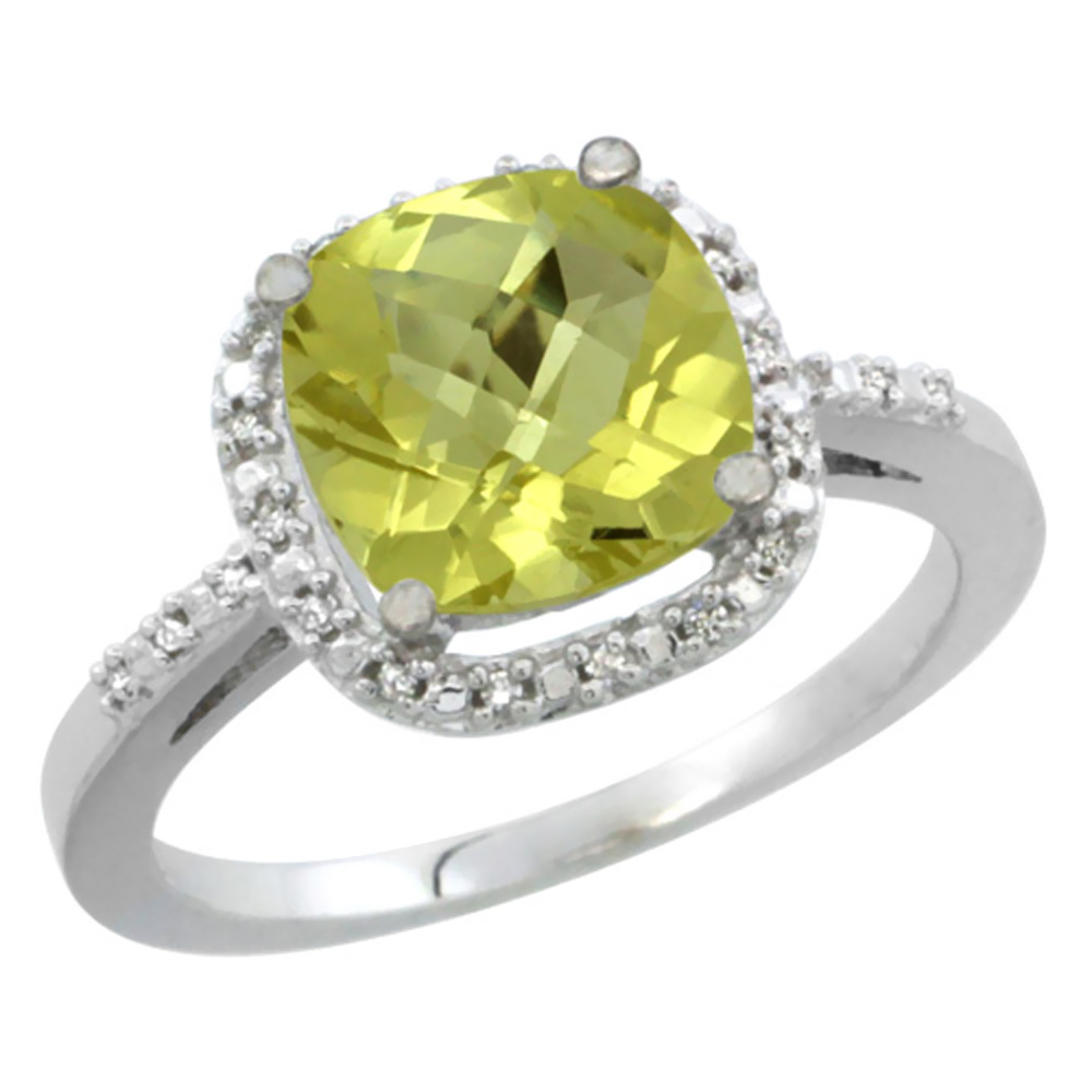 14K White Gold Natural Lemon Quartz Ring Cushion-cut 8x8mm Diamond Accent, sizes 5-10
