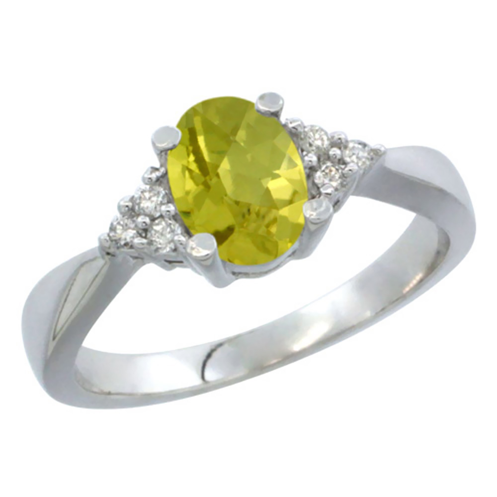 10K White Gold Diamond Natural Lemon Quartz Engagement Ring Oval 7x5mm, sizes 5-10