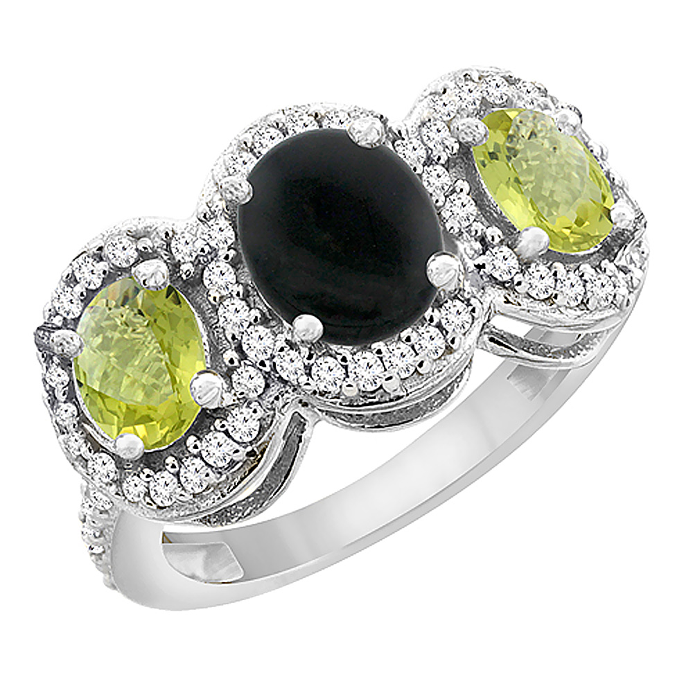 10K White Gold Natural Black Onyx &amp; Lemon Quartz 3-Stone Ring Oval Diamond Accent, sizes 5 - 10