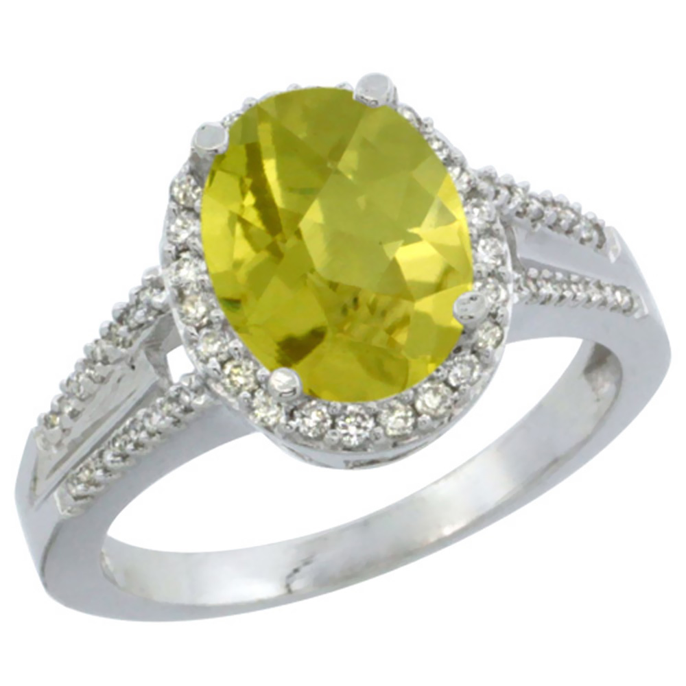 10K White Gold Diamond Natural Lemon Quartz Engagement Ring Oval 10x8mm, sizes 5-10