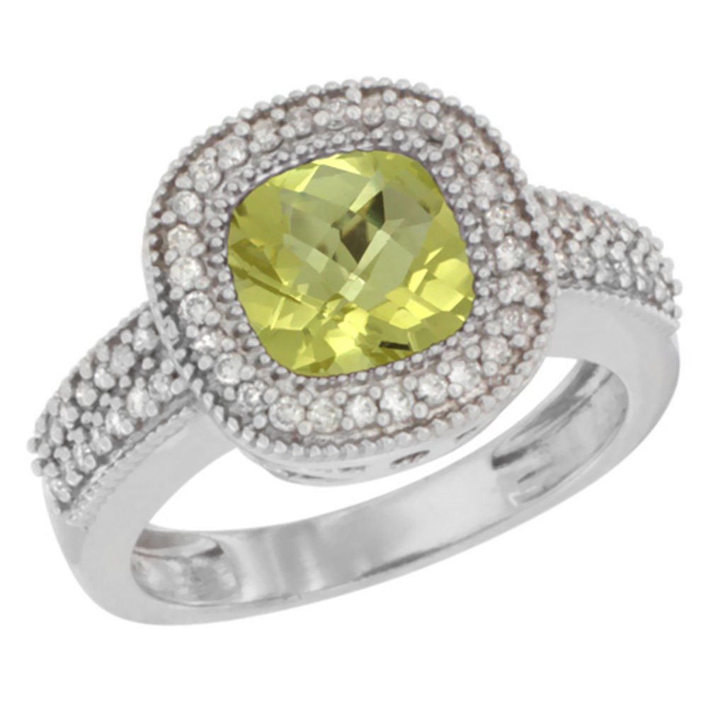 14K White Gold Natural Lemon Quartz Ring Cushion-cut 7x7mm Diamond Accent, sizes 5-10