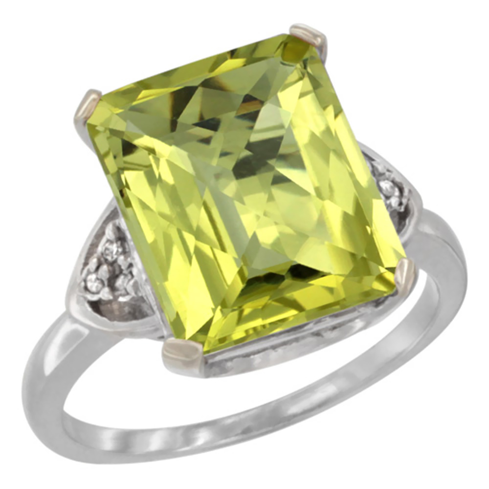 10K White Gold Diamond Natural Lemon Quartz Ring Octagon 12x10 mm, sizes 5-10