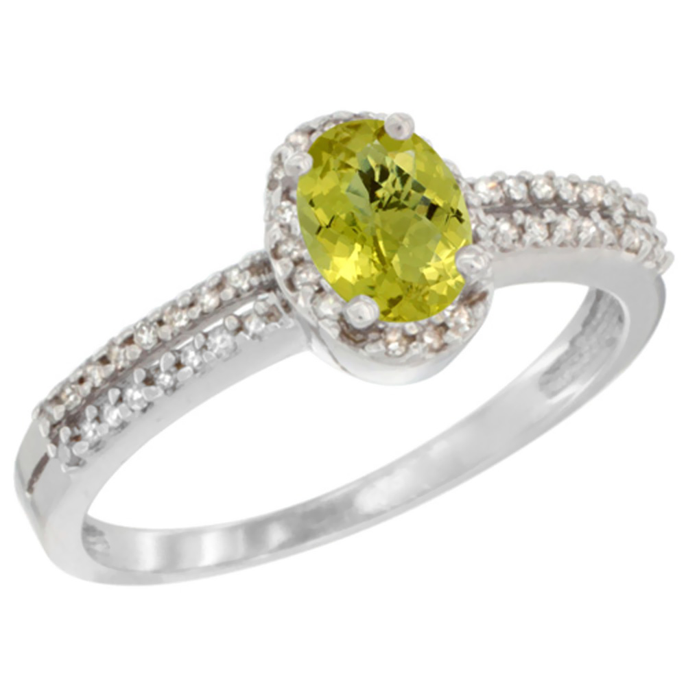 14K White Gold Natural Lemon Quartz Ring Oval 6x4mm Diamond Accent, sizes 5-10