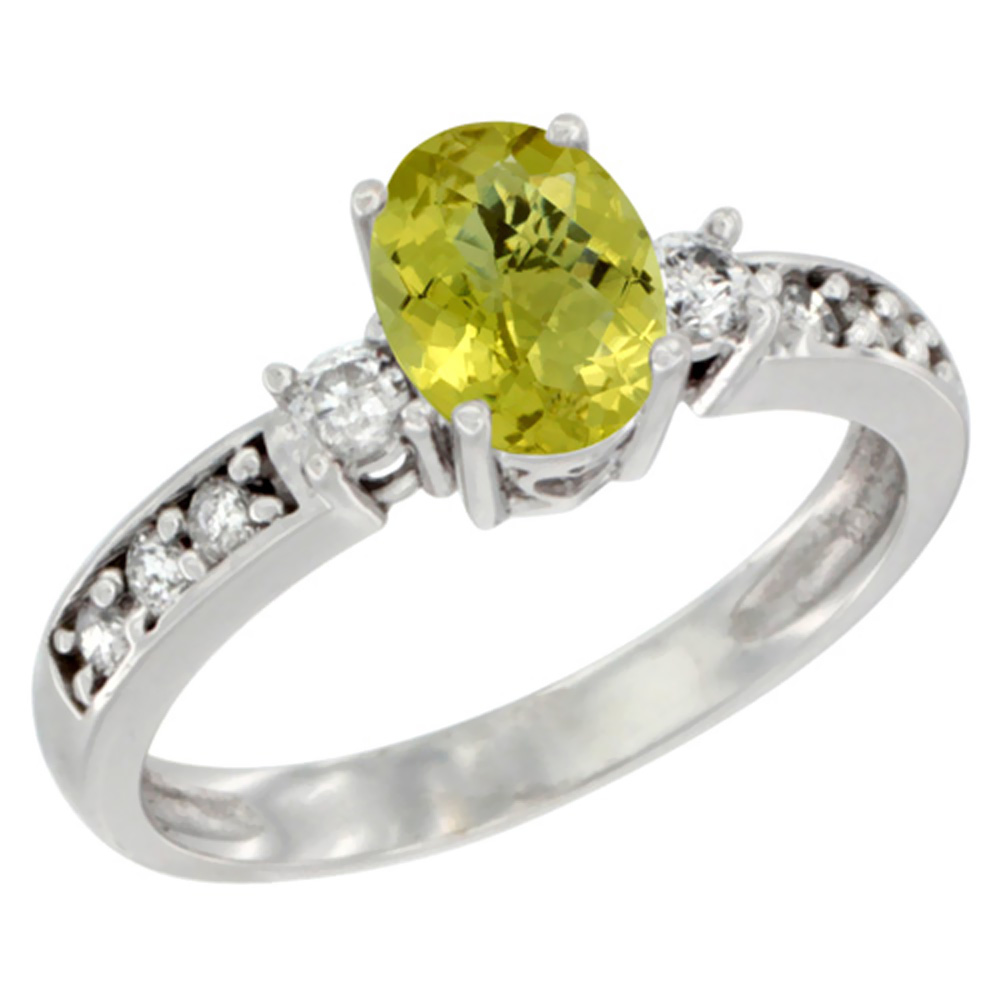 10k White Gold Natural Lemon Quartz Ring Oval 7x5 mm Diamond Accent, sizes 5 - 10