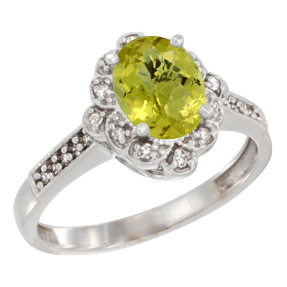 10K White Gold Natural Lemon Quartz Ring Oval 8x6 mm Floral Diamond Halo, sizes 5 - 10