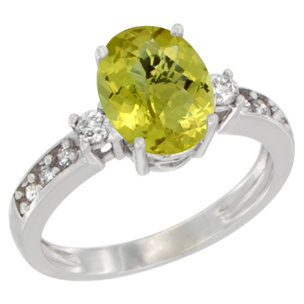 10K White Gold Natural Lemon Quartz Ring Oval 9x7 mm Diamond Accent, sizes 5 - 10