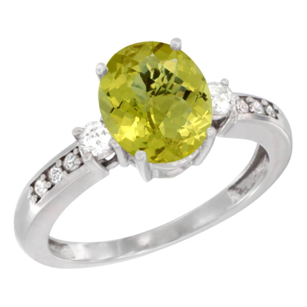 10k White Gold Natural Lemon Quartz Ring Oval 9x7 mm Diamond Accent, sizes 5 - 10