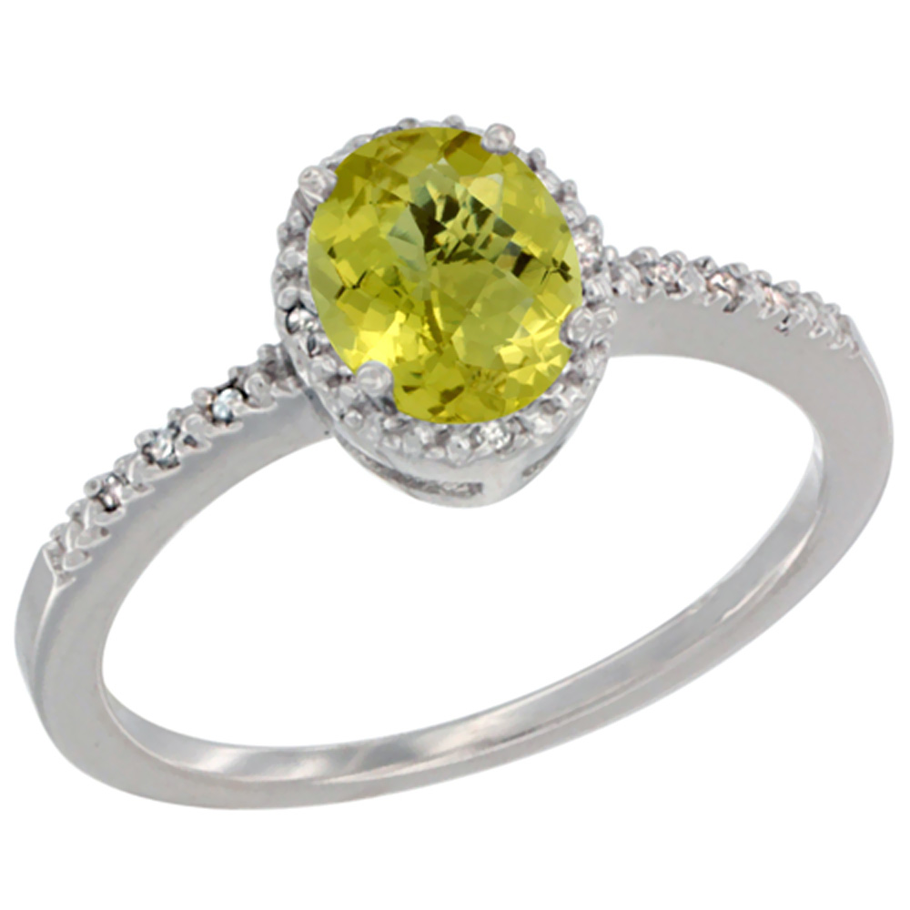 14K White Gold Diamond Natural Lemon Quartz Engagement Ring Oval 7x5 mm, sizes 5 - 10