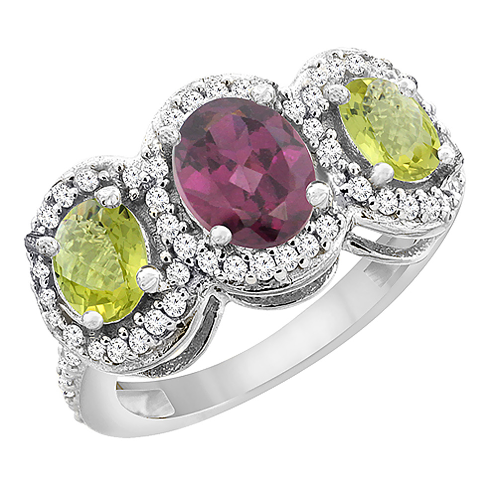 10K White Gold Natural Rhodolite &amp; Lemon Quartz 3-Stone Ring Oval Diamond Accent, sizes 5 - 10