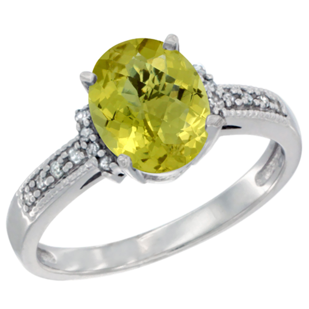 14K White Gold Natural Lemon Quartz Ring Oval 9x7 mm Diamond Accent, sizes 5 - 10