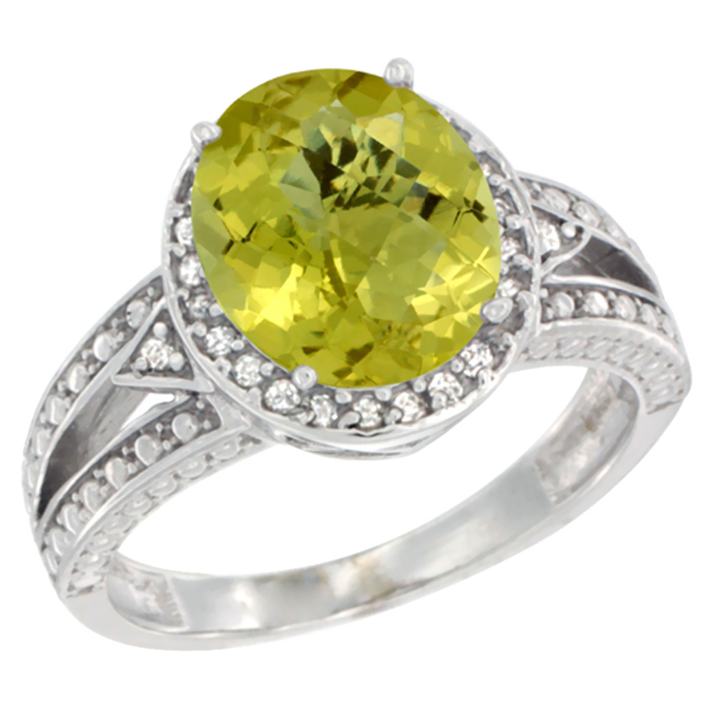 14K White Gold Natural Lemon Quartz Ring Oval 9x7 mm Diamond Halo, sizes 5 - 10