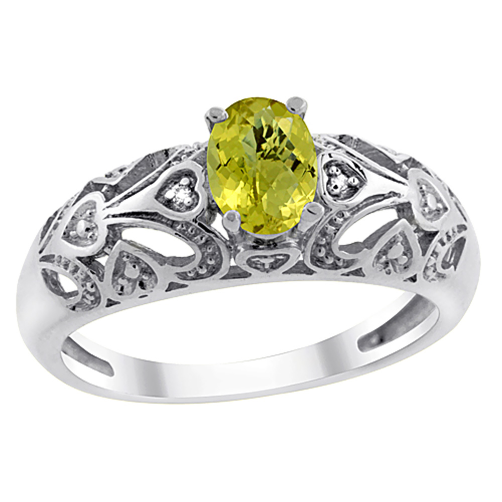 14K White Gold Natural Lemon Quartz Ring Oval 6x4 mm Diamond Accent, sizes 5 - 10