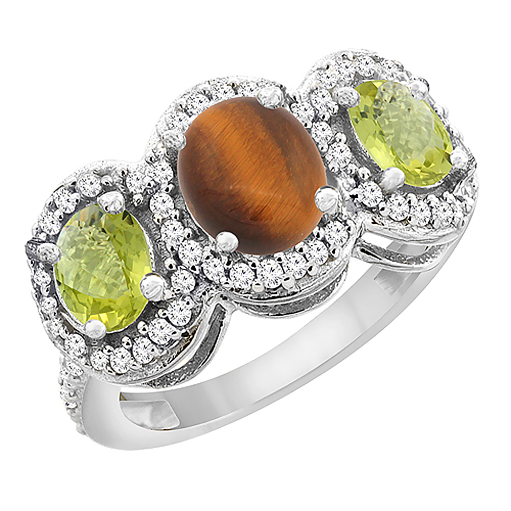 10K White Gold Natural Tiger Eye & Lemon Quartz 3-Stone Ring Oval Diamond Accent, sizes 5 - 10