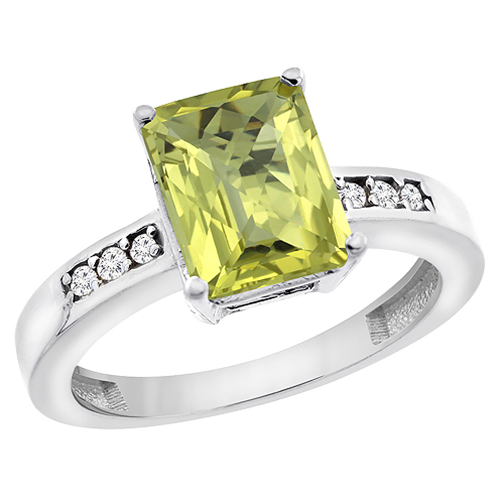 10K White Gold Natural Lemon Quartz Octagon 9x7 mm with Diamond Accents, sizes 5 - 10
