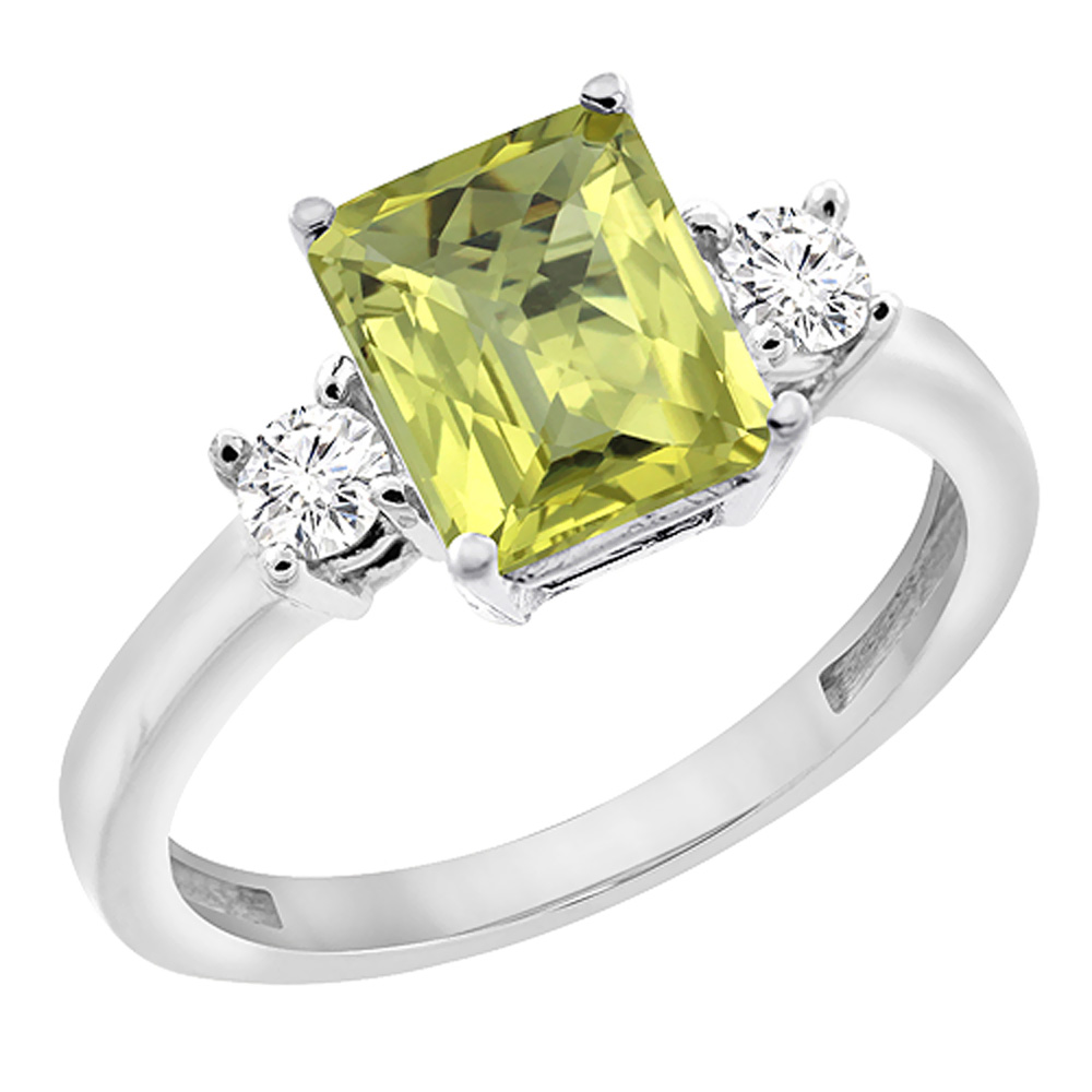 14K White Gold Natural Lemon Quartz Ring Octagon 8x6 mm with Diamond Accents, sizes 5 - 10