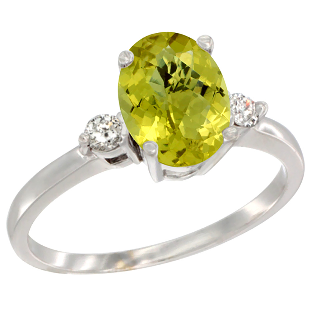 14K White Gold Natural Lemon Quartz Ring Oval 9x7 mm Diamond Accent, sizes 5 to 10