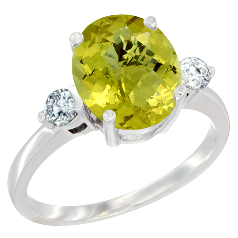 14K White Gold 10x8mm Oval Natural Lemon Quartz Ring for Women Diamond Side-stones sizes 5 - 10