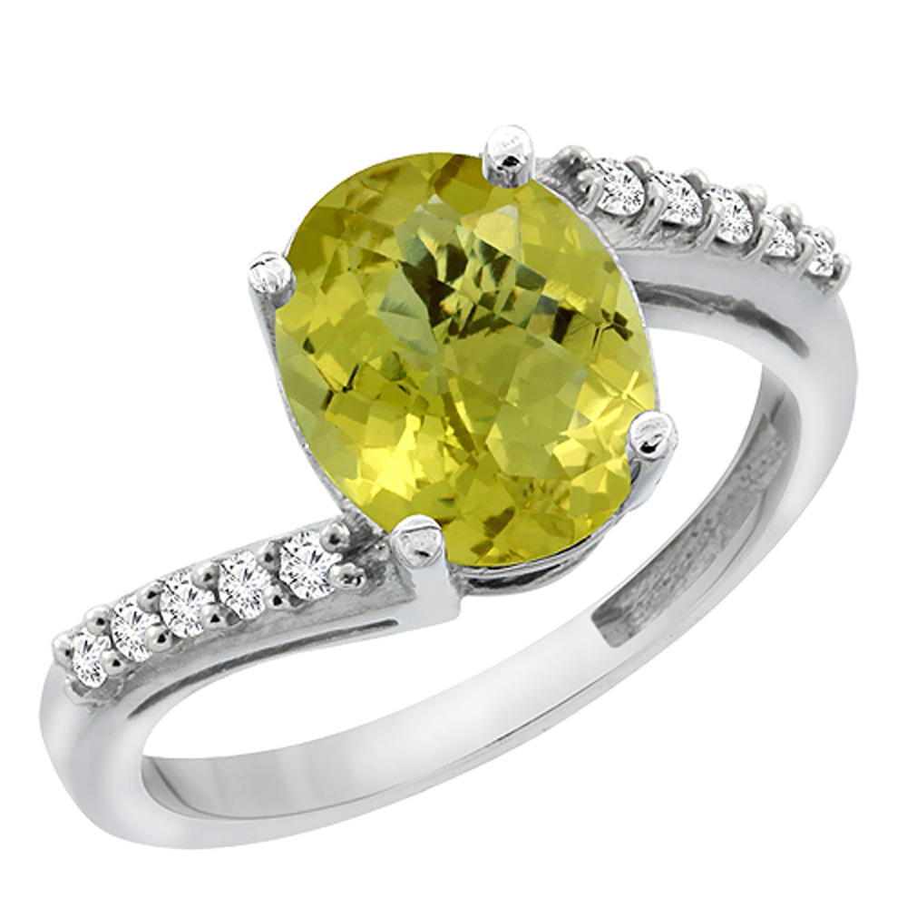 10K White Gold Diamond Natural Lemon Quartz Engagement Ring Oval 10x8mm, sizes 5-10