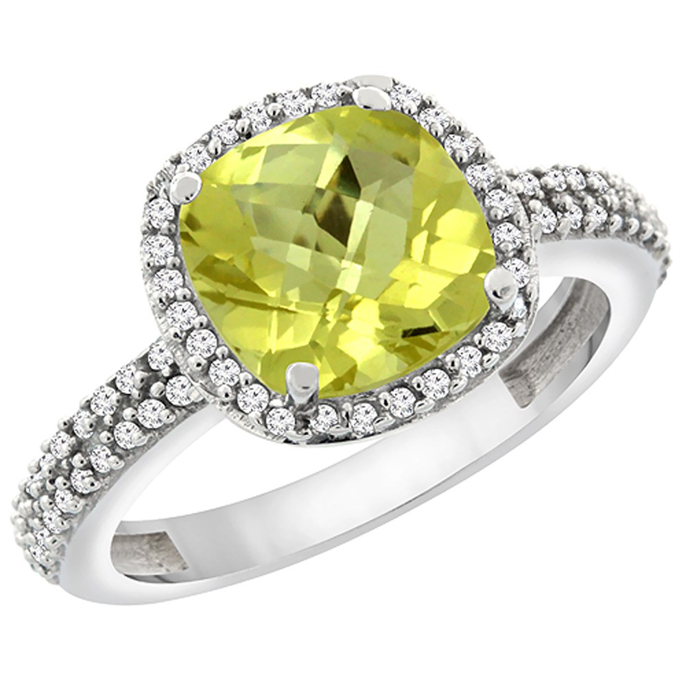 14K White Gold Natural Lemon Quartz Cushion 8x8 mm with Diamond Accents, sizes 5 - 10