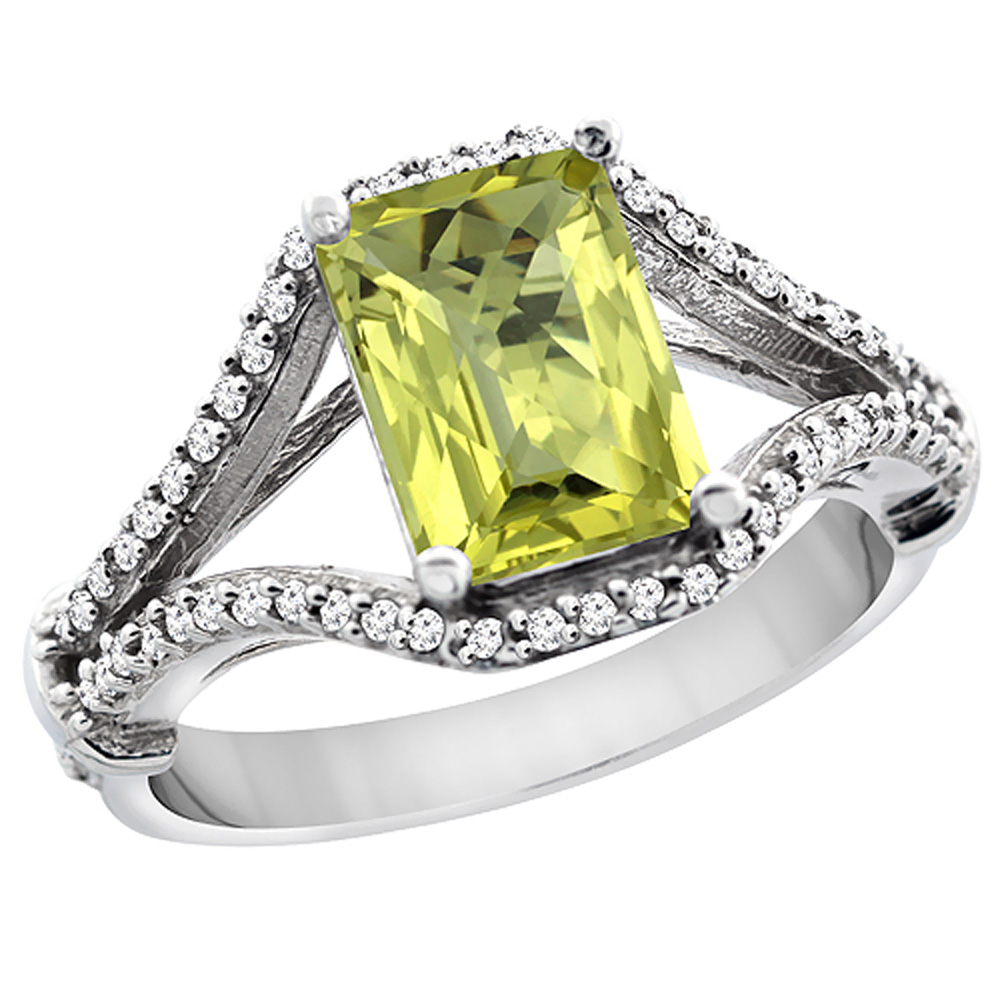 10K White Gold Natural Lemon Quartz Ring Octagon 8x6 mm with Diamond Accents, sizes 5 - 10