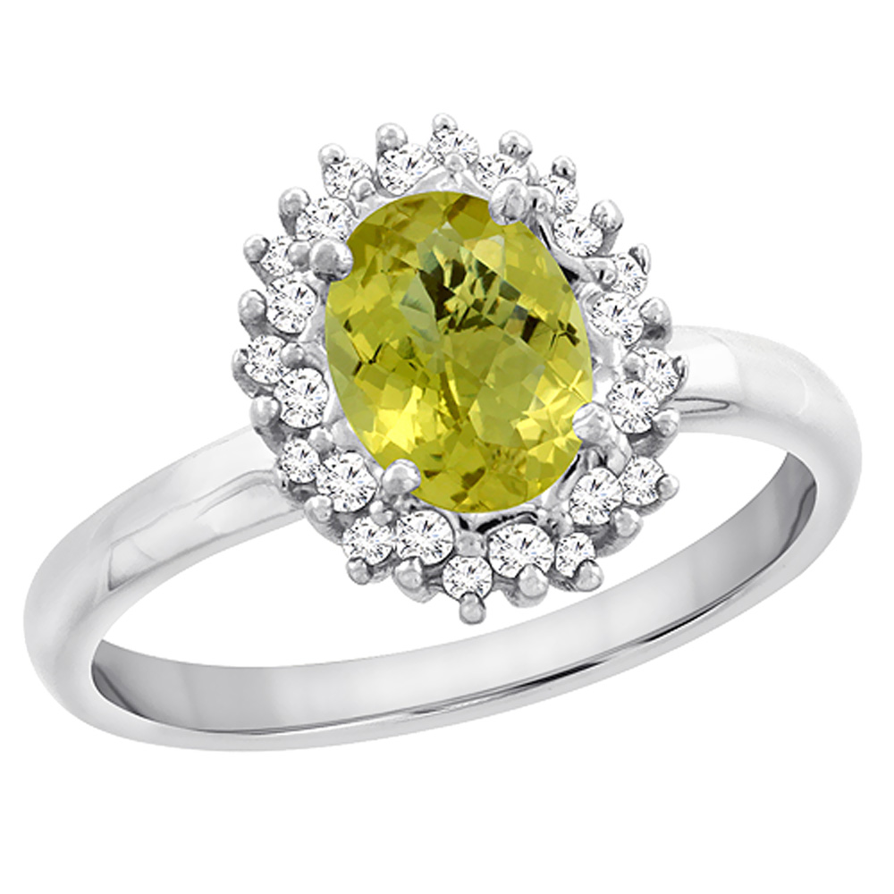 14K White Gold Diamond Natural Lemon Quartz Engagement Ring Oval 7x5mm, sizes 5 - 10