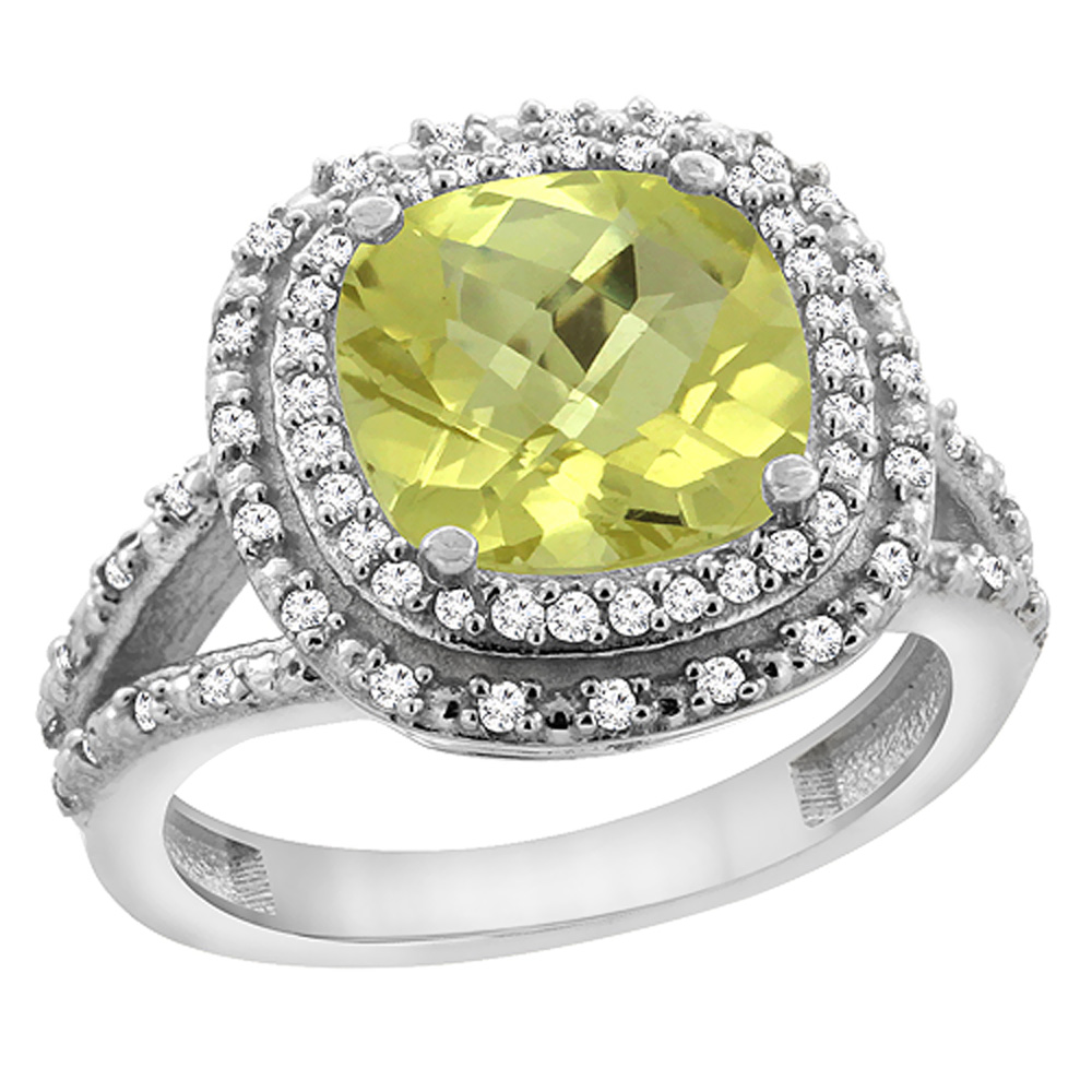 14K White Gold Natural Lemon Quartz Ring Cushion 8x8 mm with Diamond Accents, sizes 5 - 10